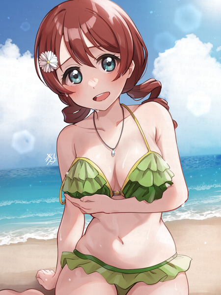 Anime picture 1500x2000 with love live! nijigasaki high school idol club sunrise (studio) love live! emma verde kyaku tatsu single long hair tall image looking at viewer blush fringe breasts open mouth light erotic hair between eyes brown hair large breasts sitting twintails sky