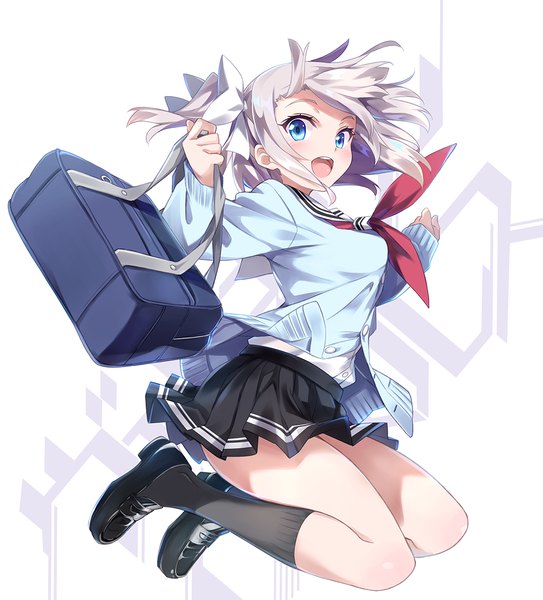 Anime picture 1086x1200 with original hayakawa harui single tall image blush short hair open mouth blue eyes white background twintails silver hair full body short twintails jumping girl skirt uniform bow hair bow miniskirt