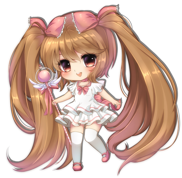 Anime picture 1258x1236 with midna01 single blush fringe smile brown hair twintails brown eyes full body very long hair transparent background chibi girl thighhighs dress bow hair bow white thighhighs staff