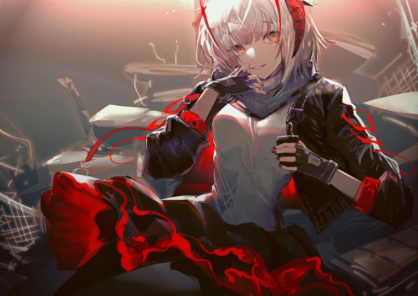Anime picture 3035x2150 with arknights w (arknights) kyikyi single looking at viewer fringe highres short hair absurdres silver hair nail polish horn (horns) open jacket orange eyes hand to mouth red nail polish girl skirt gloves pantyhose