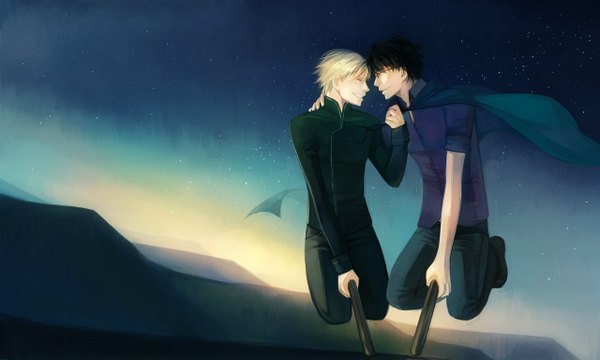Anime picture 1280x768 with harry potter harry potter (character) draco malfoy loika short hair black hair blonde hair smile wide image sky eyes closed profile light smile night multiple boys night sky couple hug mountain flying