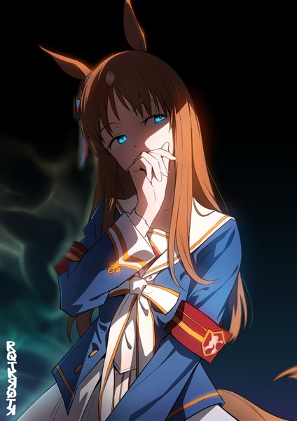Anime picture 1200x1700 with umamusume grass wonder (umamusume) rqtkrqtk single long hair tall image blue eyes simple background brown hair signed animal ears looking away upper body tail animal tail black background shaded face covered mouth horse ears horse tail