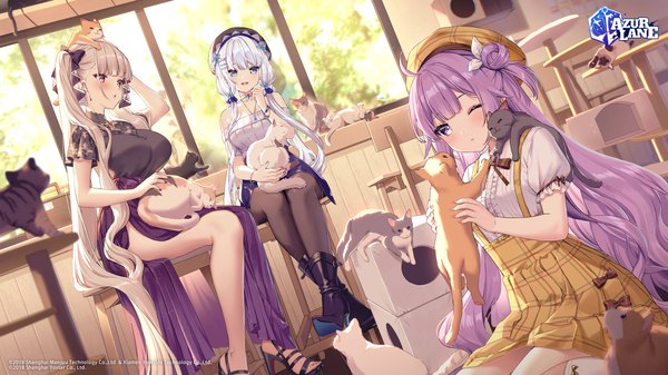 Anime picture 2667x1500 with azur lane formidable (azur lane) illustrious (azur lane) unicorn (azur lane) rosuuri long hair looking at viewer blush fringe highres breasts open mouth blue eyes smile red eyes wide image large breasts sitting purple eyes twintails