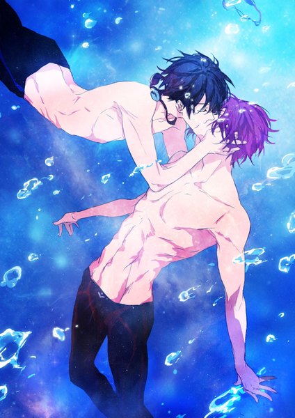 Anime picture 1181x1670 with free! kyoto animation matsuoka rin nanase haruka (free!) winny tall image short hair black hair purple hair eyes closed multiple boys blue background underwater muscle kiss shounen ai boy navel swimsuit water