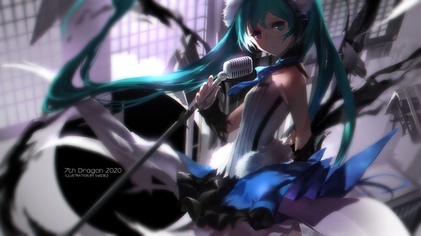 Anime picture 1890x1063 with 7th dragon 2020 vocaloid hatsune miku swd3e2 single looking at viewer highres wide image twintails very long hair aqua eyes aqua hair inscription depth of field girl skirt headphones vest microphone microphone stand