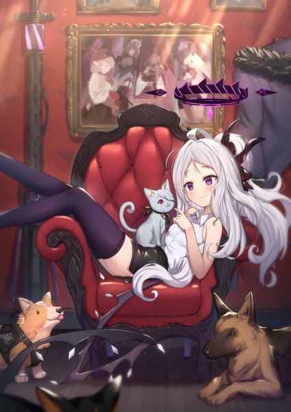 Anime picture 919x1300 with blue archive hina (blue archive) uneg single long hair tall image blush smile purple eyes looking away silver hair ahoge indoors horn (horns) sunlight zettai ryouiki fur trim sleeveless reclining sunbeam