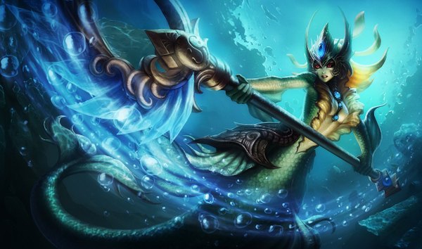 Anime picture 1215x717 with league of legends nami (league of legends) single red eyes wide image demon girl underwater fish tail girl weapon headdress staff crystal