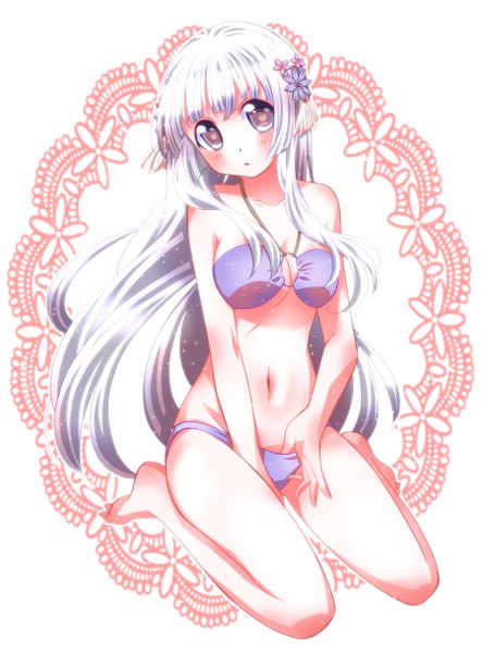 Anime picture 3600x4867 with noucome kokubyakuin seira parara kerusu single long hair tall image highres light erotic sitting bare shoulders brown eyes absurdres white hair hair flower midriff looking up girl navel hair ornament flower (flowers)