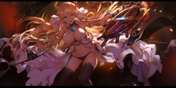 Anime-Bild 4252x2126 mit azur lane victorious (azur lane) swd3e2 single fringe highres breasts open mouth blue eyes light erotic blonde hair wide image large breasts standing bare shoulders holding signed looking away absurdres cleavage