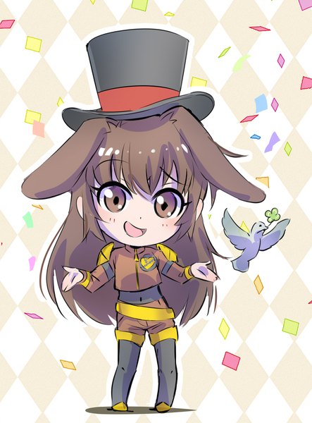 Anime picture 1183x1600 with rwby jojo no kimyou na bouken rooster teeth velvet scarlatina iesupa single tall image looking at viewer open mouth brown hair brown eyes animal ears full body :d bunny ears spread arms chibi plaid outline shrug