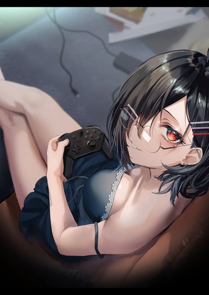 Anime picture 2508x3541 with original fou (ssqseeker) single tall image fringe highres short hair black hair red eyes sitting holding indoors parted lips from above hair over one eye mole mole under eye piercing ear piercing letterboxed