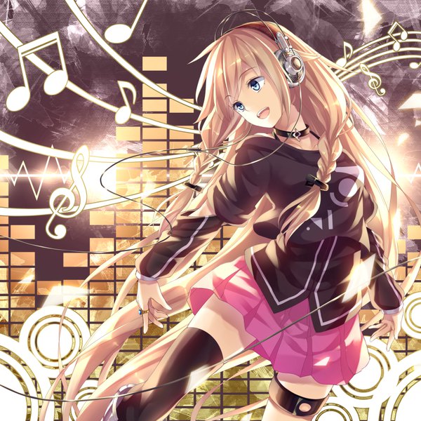Anime picture 900x900 with vocaloid ia (vocaloid) yasuno (airy light) single open mouth blue eyes blonde hair smile looking away ahoge braid (braids) long sleeves very long hair head tilt pleated skirt twin braids happy leg lift (legs lift) treble clef girl