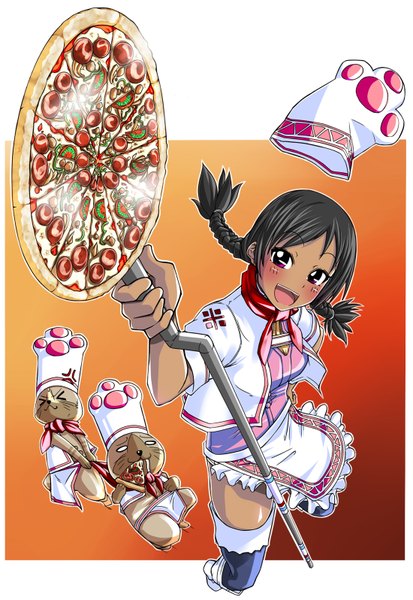 Anime picture 1100x1595 with monster hunter bisutoro (armor) nikupizzau single long hair tall image looking at viewer blush open mouth black hair smile braid (braids) pink eyes twin braids girl thighhighs headdress apron cat pizza