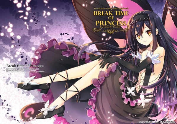 Anime picture 900x635 with accel world sunrise (studio) kuroyukihime trianon single long hair looking at viewer fringe black hair smile hair between eyes bare shoulders yellow eyes full body text gradient hair hand on knee insect wings butterfly wings girl