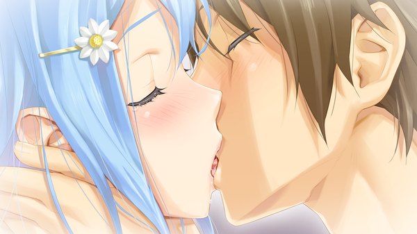 Anime picture 1280x720 with bishoujo mangekyou (game) omega star sawatari shizuku happoubi jin long hair blush short hair black hair wide image blue hair game cg eyes closed couple kiss french kiss girl boy hair ornament hairclip