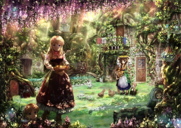 Anime picture 1600x1131 with original miyai haruki blue eyes blonde hair brown hair multiple girls detailed girl 2 girls plant (plants) animal tree (trees) bird (birds) cat fruit child (children) house