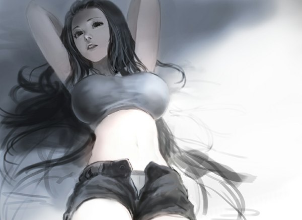 Anime picture 1000x729 with original meto31 single long hair looking at viewer breasts light erotic black hair large breasts lying black eyes teeth midriff on back arms behind head open shorts girl navel shorts short shorts