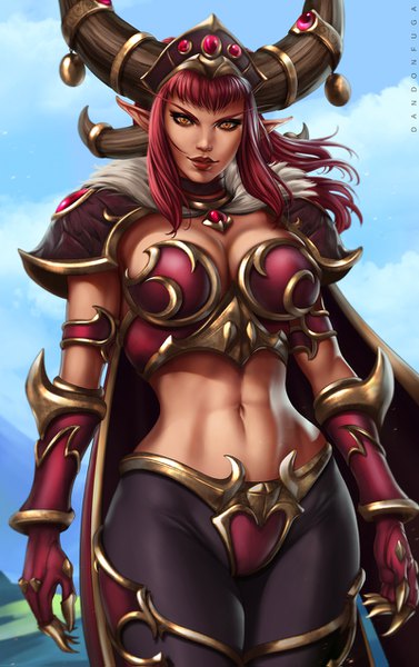 Anime picture 800x1271 with world of warcraft blizzard entertainment alexstrasza dandon fuga single long hair tall image looking at viewer fringe breasts light erotic large breasts standing cloud (clouds) red hair horn (horns) lips pointy ears realistic midriff