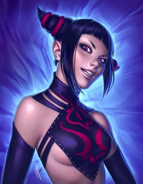 Anime picture 680x872 with street fighter capcom han juri warrenlouw single tall image looking at viewer short hair breasts light erotic black hair pink eyes lips eyeshadow girl
