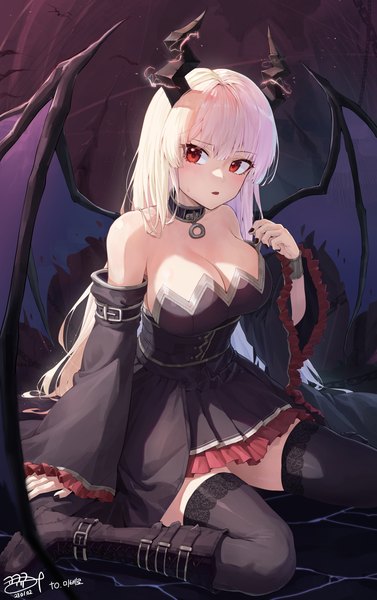 Anime picture 2653x4217 with original kokukyukeo single long hair tall image looking at viewer blush fringe highres breasts open mouth light erotic hair between eyes red eyes large breasts sitting signed cleavage bent knee (knees) white hair