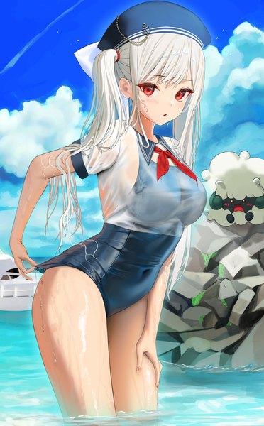 Anime picture 1864x3005 with pokemon original nintendo whimsicott tokkihouse single long hair tall image looking at viewer blush fringe highres breasts open mouth light erotic red eyes standing twintails sky outdoors