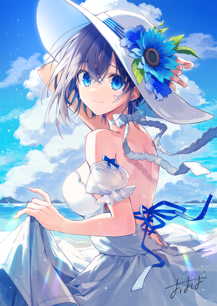 Anime picture 900x1269 with original oshio (dayo) single tall image looking at viewer fringe short hair breasts blue eyes black hair smile hair between eyes large breasts bare shoulders holding signed sky cloud (clouds) upper body outdoors