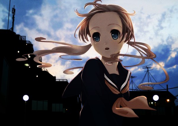 Anime picture 1132x800 with original satou miiko long hair open mouth blue eyes brown hair twintails sky cloud (clouds) girl serafuku building (buildings)