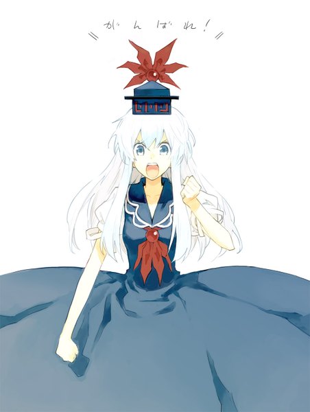 Anime picture 1100x1459 with touhou kamishirasawa keine minakata sunao single long hair tall image looking at viewer open mouth blue eyes simple background white background white hair hieroglyph girl dress hat