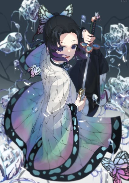 Anime picture 3500x4950 with kimetsu no yaiba ufotable kochou shinobu kimyo single tall image looking at viewer fringe highres short hair open mouth black hair sitting purple eyes holding payot absurdres full body traditional clothes japanese clothes