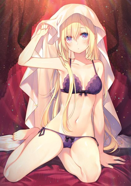 Anime picture 1358x1920 with original toosaka asagi single long hair tall image looking at viewer blush fringe breasts light erotic blonde hair hair between eyes sitting purple eyes bare shoulders payot cleavage full body barefoot arm up