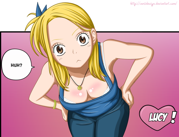 Anime picture 1000x767 with fairy tail lucy heartfilia zeroooart single long hair breasts light erotic blonde hair brown eyes inscription coloring pink background hands on hips girl bow hair bow