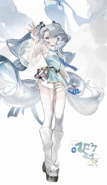 Anime picture 1500x2589 with pokemon vocaloid nintendo project voltage hatsune miku altaria flying miku (project voltage) et atr3 single tall image looking at viewer fringe purple eyes twintails full body very long hair grey hair hair over one eye character names gen 3 pokemon