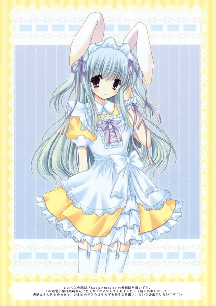 Anime picture 2550x3609 with original hasekura chiaki single long hair tall image looking at viewer blush fringe highres smile twintails brown eyes animal ears blue hair maid embarrassed bunny girl hand on head arm behind back girl