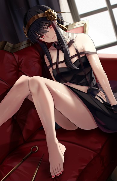 Anime picture 1500x2316 with spy x family yor briar nicky w single long hair tall image looking at viewer blush fringe breasts light erotic black hair hair between eyes red eyes sitting bare shoulders bent knee (knees) indoors blunt bangs nail polish