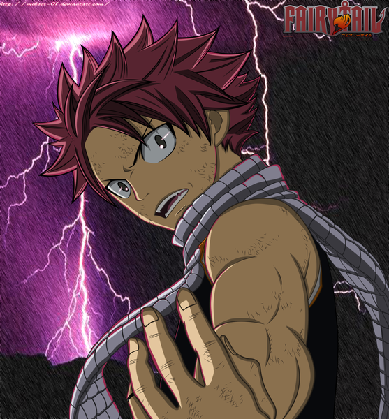 Anime picture 3462x3728 with fairy tail natsu dragneel gold-mk single tall image highres short hair open mouth pink hair absurdres sky cloud (clouds) inscription grey eyes coloring rain muscle lightning boy scarf