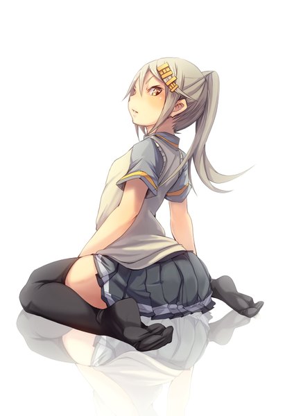 Anime picture 1240x1754 with original usami taiga fu-ta single long hair tall image looking at viewer blush fringe simple background hair between eyes white background sitting yellow eyes ponytail profile pleated skirt looking back grey hair from behind
