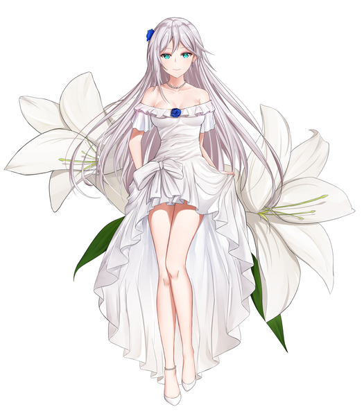 Anime picture 4115x4700 with honkai impact 3rd honkai (series) cecilia schariac aircell single long hair tall image looking at viewer blush fringe highres breasts simple background smile standing white background bare shoulders payot absurdres silver hair