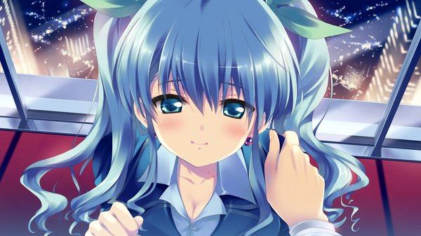 Anime picture 1280x720 with hoshi no ouji-kun ringo aoi qp:flapper long hair blush wide image twintails green eyes blue hair game cg girl