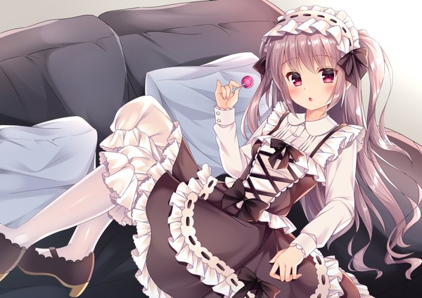 Anime picture 1023x724 with original fujikura ryuune single long hair looking at viewer blush fringe open mouth payot pink eyes grey hair two side up frilled dress lolita fashion girl dress bow hair bow food frills