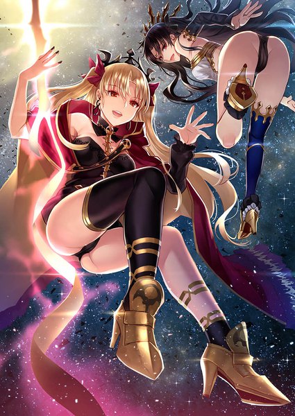 Anime picture 931x1315 with fate (series) fate/grand order ishtar (fate) ereshkigal (fate) zhen lu long hair tall image looking at viewer fringe open mouth light erotic black hair blonde hair smile red eyes multiple girls holding full body ass nail polish