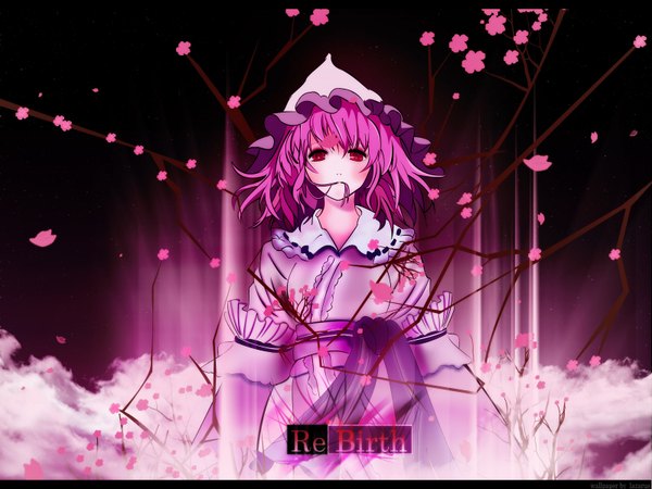 Anime picture 1600x1200 with touhou saigyouji yuyuko red eyes pink hair japanese clothes girl hat petals belt