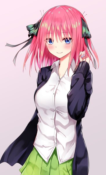 Anime picture 1129x1853 with go-toubun no hanayome nakano nino piripun single tall image looking at viewer blush fringe short hair blue eyes simple background hair between eyes pink hair nail polish pleated skirt open clothes two side up pink background open collar girl