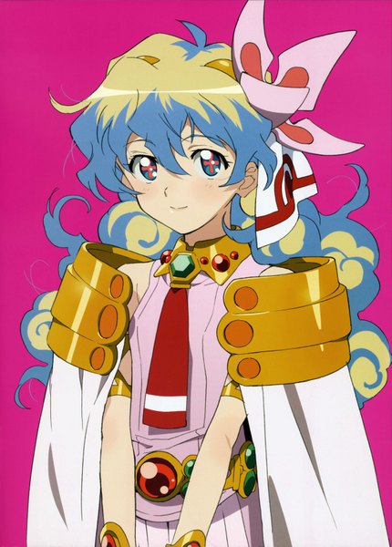 Anime picture 5033x7019 with tengen toppa gurren lagann gainax nia teppelin single long hair tall image looking at viewer highres simple background blonde hair smile absurdres scan symbol-shaped pupils pink background curly hair girl jewelry cloak