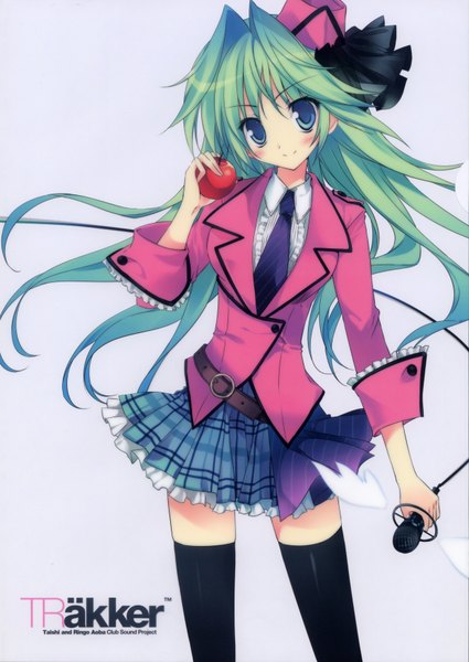 Anime picture 2479x3496 with karory single long hair tall image looking at viewer blush highres smile green eyes green hair girl thighhighs skirt black thighhighs miniskirt necktie headdress apple