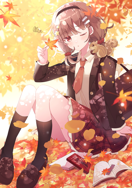 Anime picture 2039x2894 with original aoi yugina single tall image fringe highres short hair red eyes brown hair sitting twintails ahoge outdoors one eye closed arm support low twintails short twintails autumn animal on shoulder girl