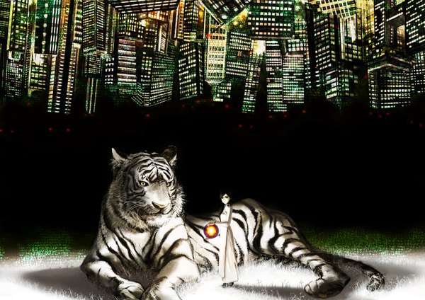 Anime picture 1754x1240 with original asahi (pixiv) single long hair looking at viewer highres black hair black eyes city magic upside down city lights abstract girl plant (plants) animal building (buildings) grass tiger