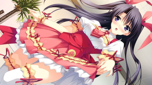 Anime picture 1920x1080 with berry's morikubo yuna suzuhira hiro single long hair blush highres open mouth black hair wide image purple eyes twintails looking away game cg dutch angle skirt lift girl thighhighs dress ribbon (ribbons)