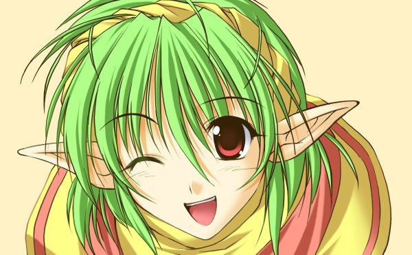 Anime picture 1200x745 with single looking at viewer short hair open mouth simple background red eyes wide image one eye closed green hair pointy ears wink close-up elf face
