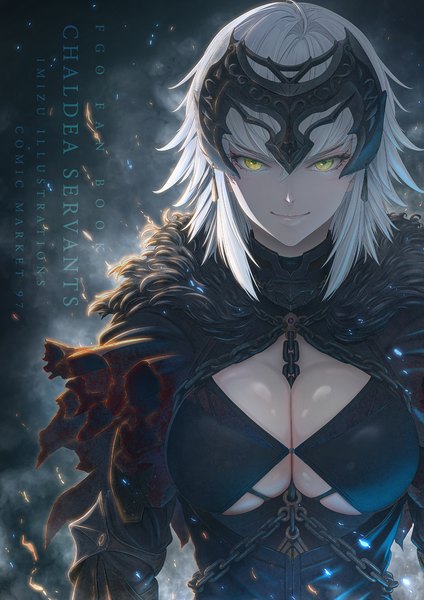 Anime picture 1061x1500 with fate (series) fate/grand order jeanne d'arc (fate) (all) jeanne d'arc alter (fate) imizu (nitro unknown) single tall image looking at viewer blush fringe short hair breasts light erotic simple background smile hair between eyes large breasts signed yellow eyes cleavage