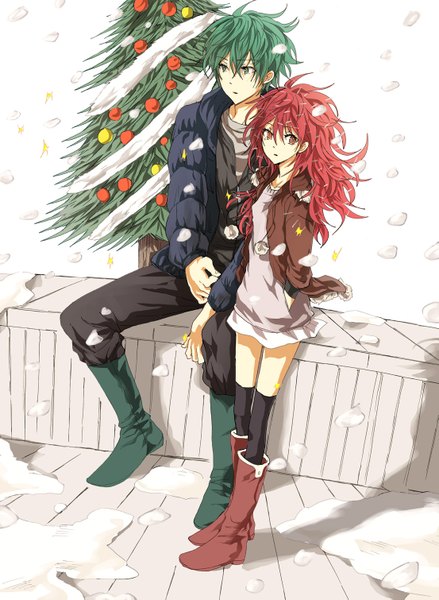 Anime picture 1105x1509 with happy tree friends flippy flaky yuki (fuguneko) long hair tall image short hair red eyes sitting green eyes red hair green hair wind snowing winter snow hands in pockets personification girl boy